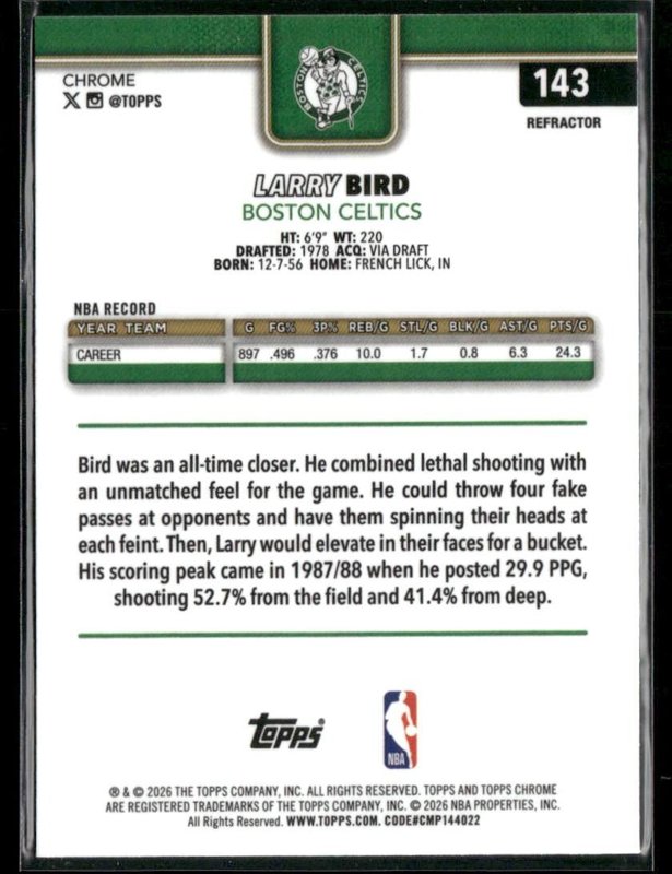 2025-26 Topps Chrome Update #143 Larry Bird Refractor