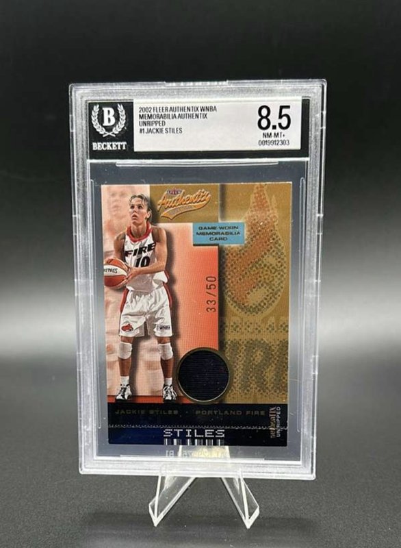 2002 FLEER AUTHENTIX WNBA JACKIE STILES WORN JERSEY UNRIPPED FIRE /50 BGS 8.5