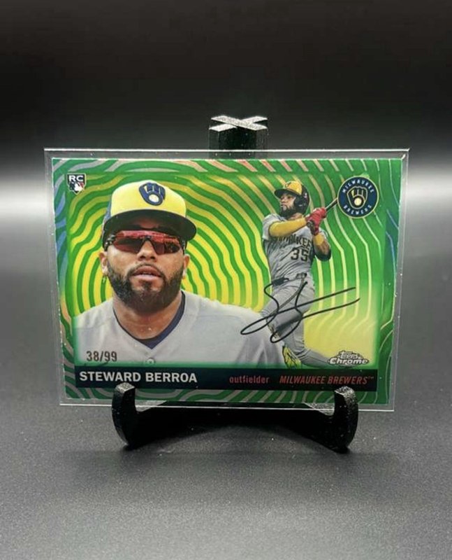 2025 Topps Chrome Platinum Steward Berroa Green Vibrations Refractor #/99 Brewer