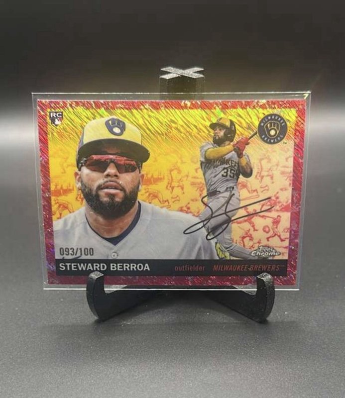 2025 Topps Chrome Platinum Anniversary Steward Berroa RC 335 Fuschia Toile /100
